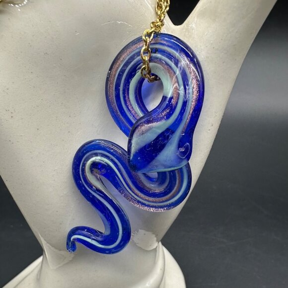 Handmade Jewelry - Art Glass Snake Pendant Necklace Gold Toned Chain Blue Copper Lampwork Serpent